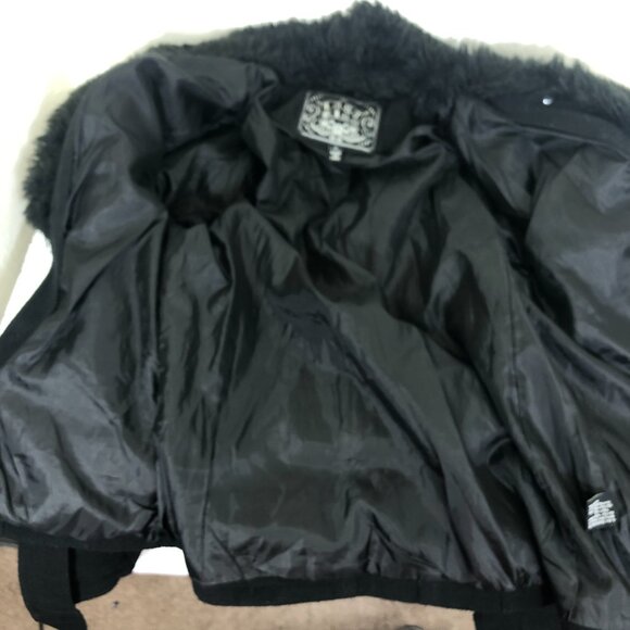 NWOT Last Kiss Black Pea Coat Women's Faux-fur Collar Belted Button Up Size X-LG - Picture 12 of 16